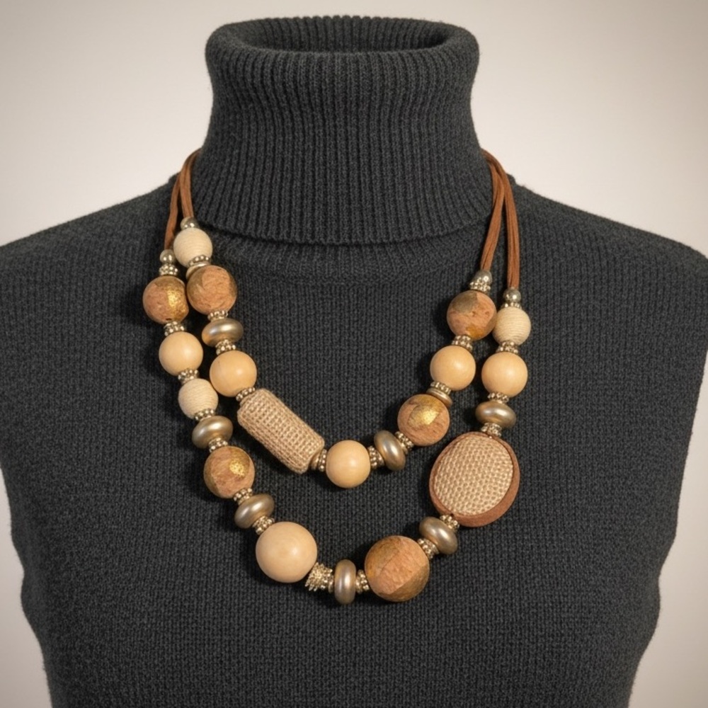 Chico’s Double Strand Multi Bead Chunky Necklace on Suede Cords